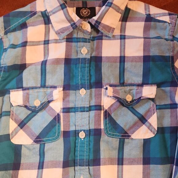 American Eagle Long Sleeve Button Down Flannel Shirt, Small, Blue & White Plaid - Picture 4 of 6